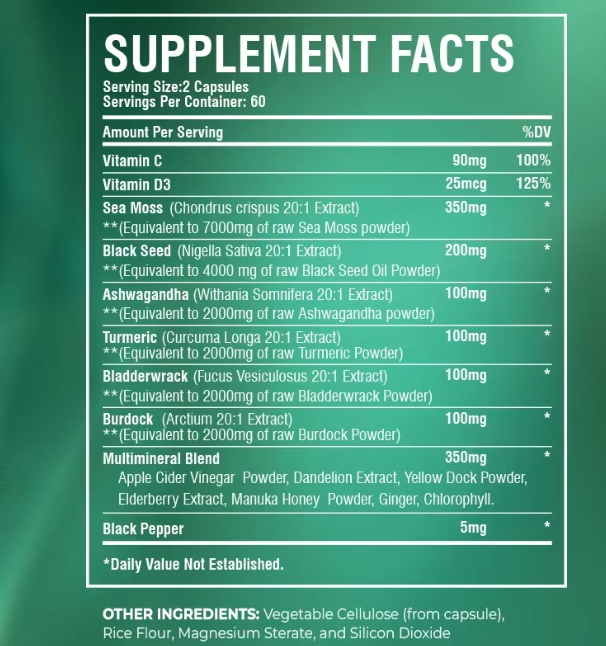 Sea Moss Supplement - Supports Thyroid Health, Anti-Aging, Antioxidant, Improve Immunity, Detox, Beauty Health